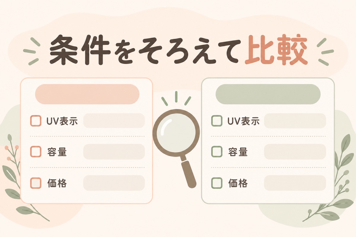 UV表示・容量・価格という条件をそろえて比較する確認カード