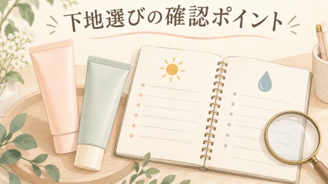 下地選びでUV表示と仕上がりの確認項目を整理するイラスト。実商品の写真ではありません
