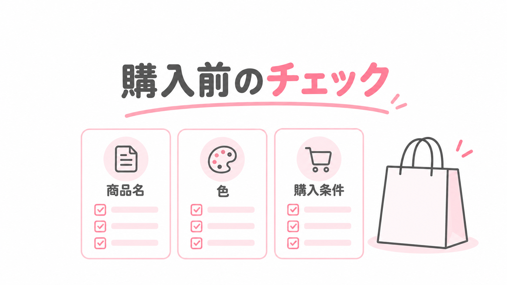 商品名・色・購入条件を確認するチェックリストの概念図。実商品の形状や使用結果を示すものではありません。